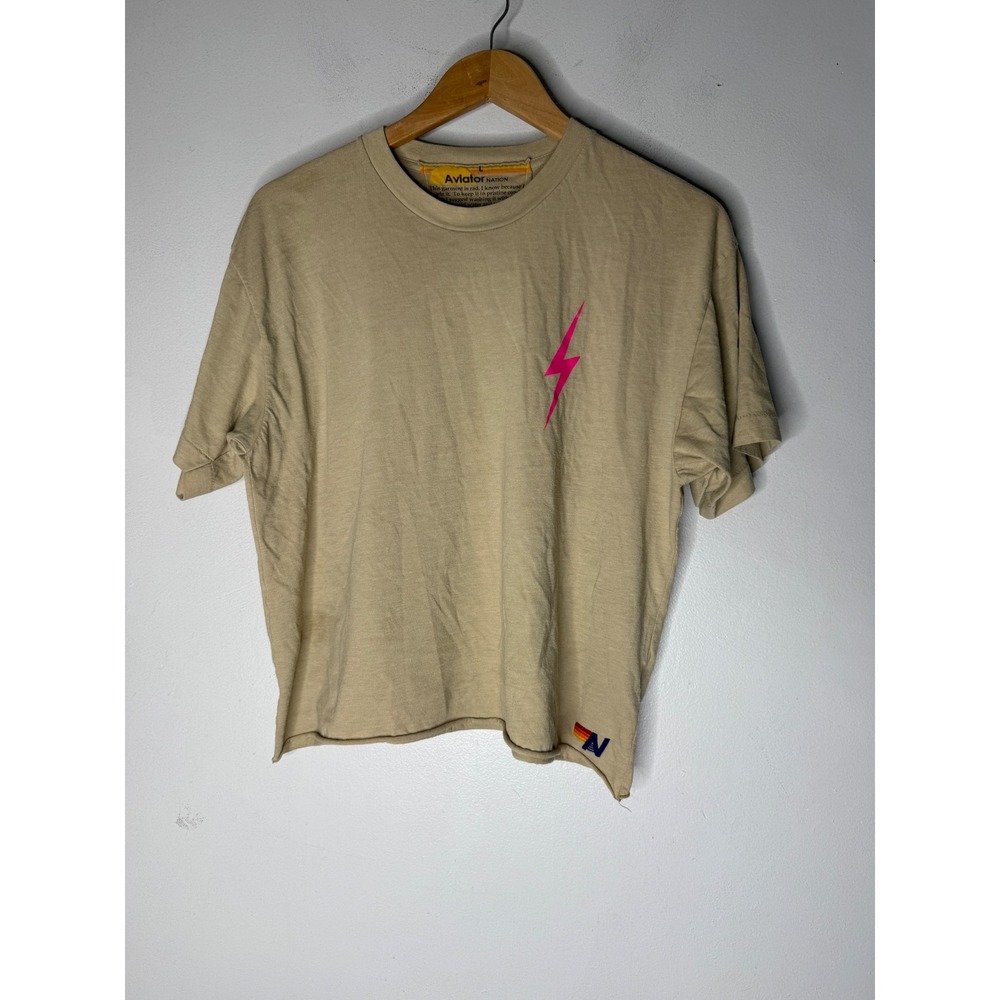 Aviator Nation Pink Lightning Bolt Graphic Tee Tan Sand Short Sleeve Large
